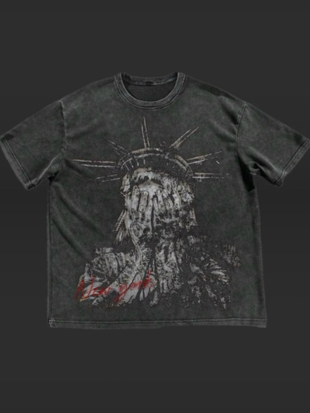 SHEIN Black Distressed Statue Graphic Tee with Red Script